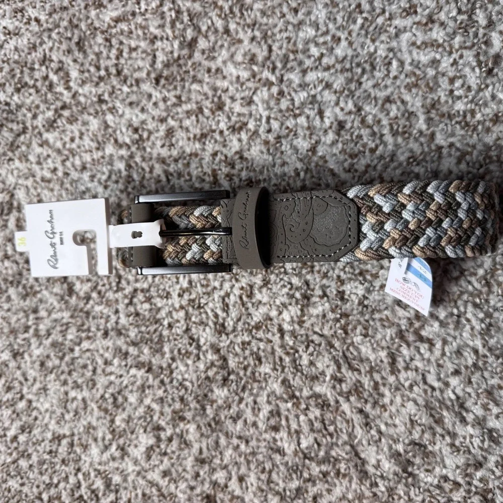 Robert Graham Men's 36 Jacob Braided Belt Tan Grey Paisley Leather‎ Trim New
